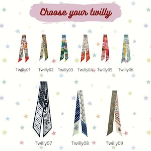 May include: A selection of nine silk twilly scarves, each with unique patterns and colors. The scarves are displayed against a white background with star accents. Text at the top reads "Choose your twilly". Each scarf is labeled with a number.
