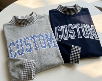 Sweat-shirt à col montant personnalisé avec application vichy et mascotte, pull universitaire personnalisé, pull pour les jours de match, pull pour l'esprit d'équipe.