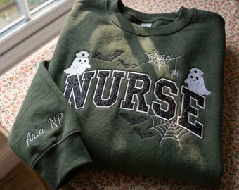 Custom Spooky Nurse Halloween Sweatshirt, Glitter Applique NURSE Crewneck, Nursing School Graduation Gift