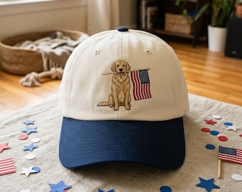 Golden Retriever USA Flag Hat – Personalized Embroidered Dog Dad Cap with Custom Name –  Baseball 2 tone Cap for Pet Lovers Gift