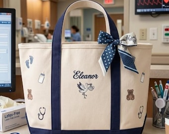 Custom Labor and Delivery Nurse Tote Bag, Personalized L&D NICU Nurse Canvas Boat Tote, New Mom Diaper Bag With Bow, Graduation Gift