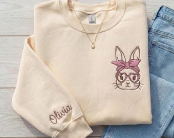 Bunny Bandana Embroidered Hoodie, Women's Custom Name Spring Apparel, Gift for Bunny Lover