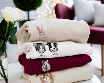 Embroidered Custom Pet Portrait Sweatshirt, Personalized Dog Cat Crewneck
