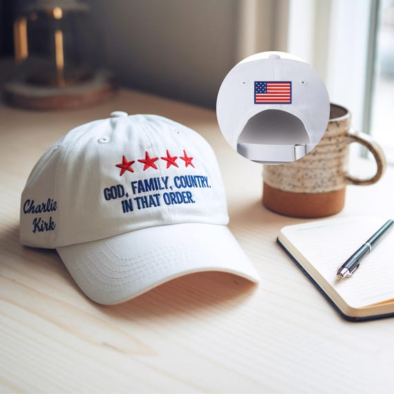 Charlie Kirk hat: God Family Country In That Order embroidered hat, Remembrance Charlie Kirk hat, Activist cap, Patriotic Faith cap
