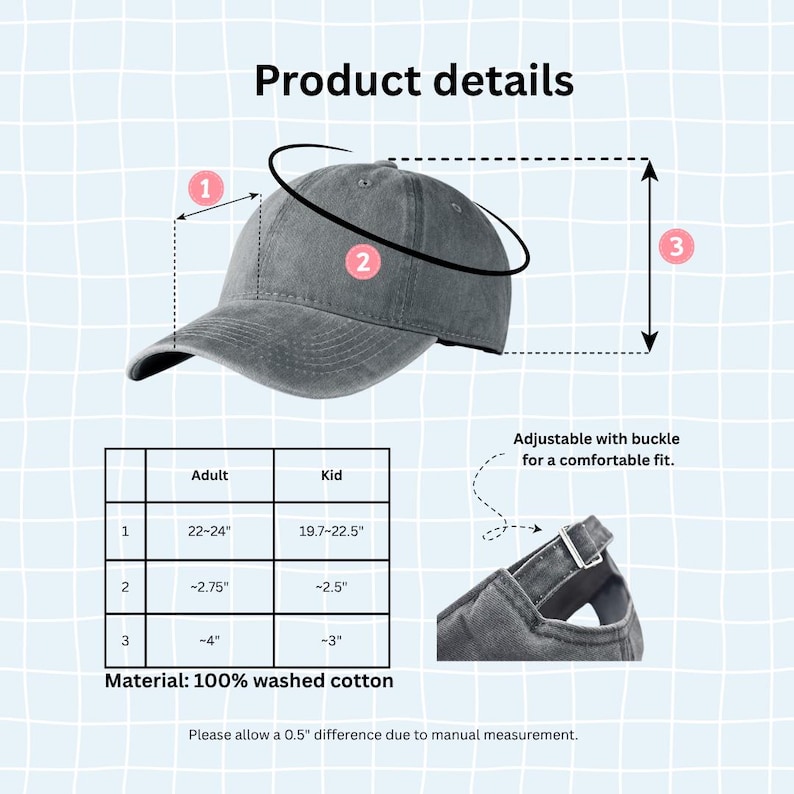 May include: A charcoal gray washed cotton baseball cap with an adjustable buckle strap. The image includes a sizing chart with measurements in inches for adults and kids, detailing head circumference, brim length, and crown height in inches.