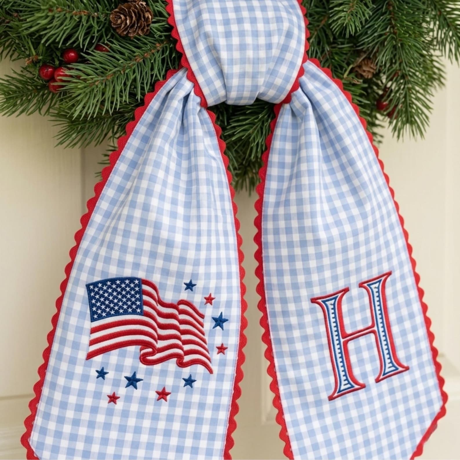 4th of July Red Gingham Wreath Sash, Embroidered Monogram, American Flag Door Decor, Patriotic Front Door Bow - Embroidery on 2 Tail