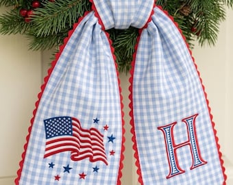 4th of July Red Gingham Wreath Sash, Embroidered Monogram, American Flag Door Decor, Patriotic Front Door Bow