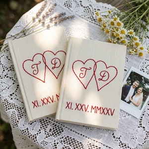 Custom Embroidered Linen Wedding Vow Books, Personalized Hearts Keepsake Notebooks