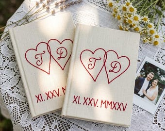 Custom Embroidered Linen Wedding Vow Books, Personalized Hearts Keepsake Notebooks