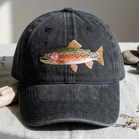 Rainbow Trout Embroidered Hat, Fishing Dad Hat, Fly Fishing Cap, Fisherman Gift, Outdoor Nature Hat, Angler Baseball Cap, Vintage Washed Hat