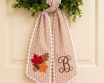 Personalized Monogram Fall Wreath Sash, Embroidered Autumn Leaf Door Decor, Gingham Ric Rac Bow, Harvest Porch Decor