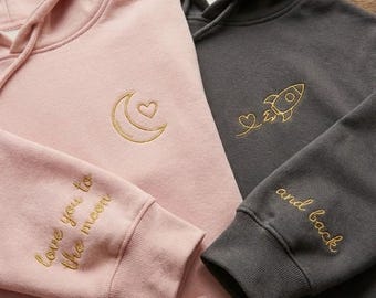Valentines Day Gift For Him Her, Embroidered Couple Hoodie Set, To The Moon And Back Sweatshirt, Custom Initials Sleeve Anniversary Gift