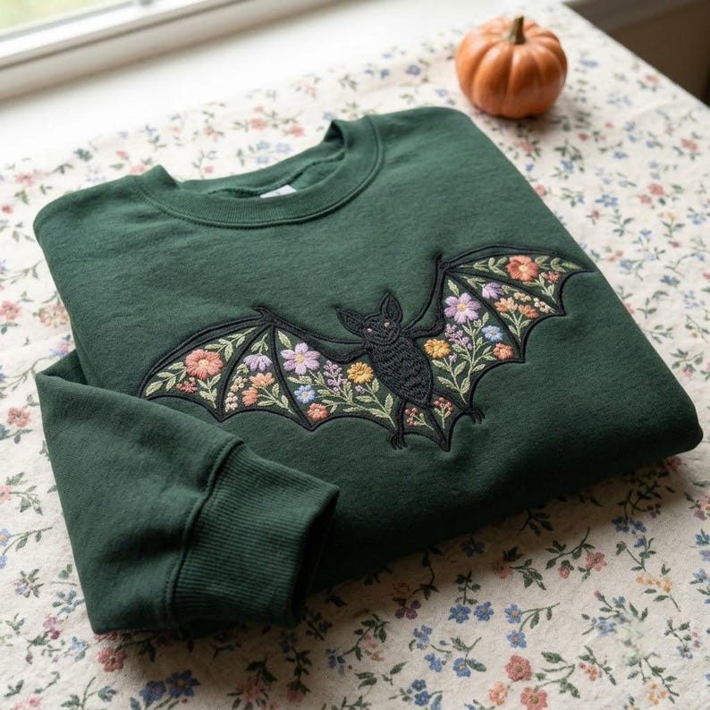 Peut inclure: Un sweat-shirt &agrave; col rond vert for&ecirc;t fonc&eacute; orn&eacute; d'une grande broderie repr&eacute;sentant une chauve-souris noire aux ailes d&eacute;ploy&eacute;es. Les ailes de la chauve-souris sont remplies de broderies florales complexes et color&eacute;es dans des tons rose, jaune, bleu et blanc.