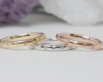 10K Gold Stary Moissanite Band: Handmade Stacking Ring