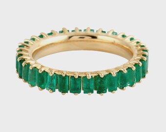 Emerald Baguette Ring: 925 Gold Eternity Band, May Birthstone