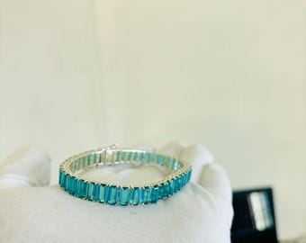 925 Emerald Cut Blue Topaz Tennis Women's Bracelet, Tennis Bracelet, 18k Topaz Bracelet, Blue Topaz Bracelet, Layering Women's Bracelet Gift