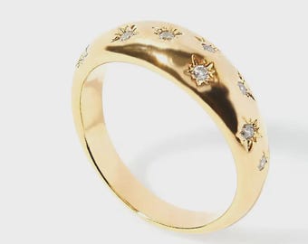 Dainty Moissanite Stacking Ring: 10K Gold Starry Band