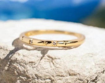10K Gold Star Moissanite Ring, Handmade Dainty Stacking Band