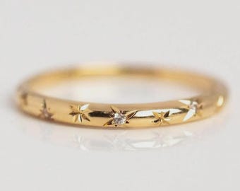 10k Gold Starry Moissanite Ring, Handmade Dainty Stacking Band