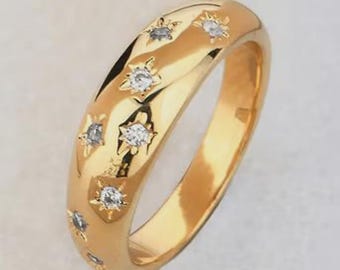 10K Gold Starry Moissanite Band Ring, Handmade Dainty Stacking Ring