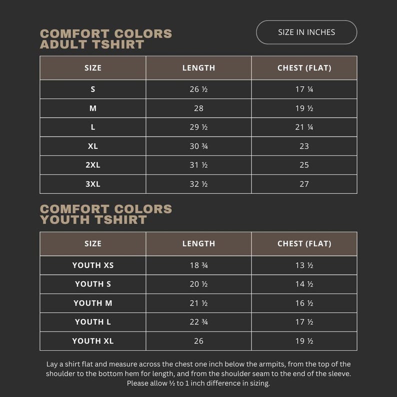 The image is a size chart for an adult t-shirt, providing measurements for different sizes ranging from S to L.
