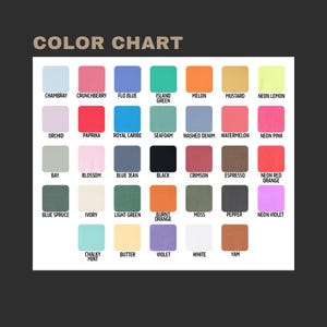 The image is a color chart displaying a variety of colors, including pastel shades, neon colors, and more vibrant hues.