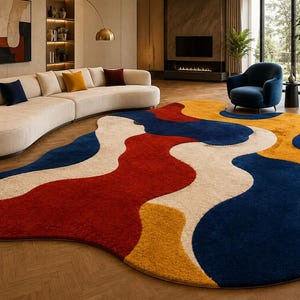 Modern Abstract Irregular Area Rug, Color Block Tufted Carpet Luxury Living Room rug, Contemporary Navy Blue Red Mustard Cream Bedroom Decor