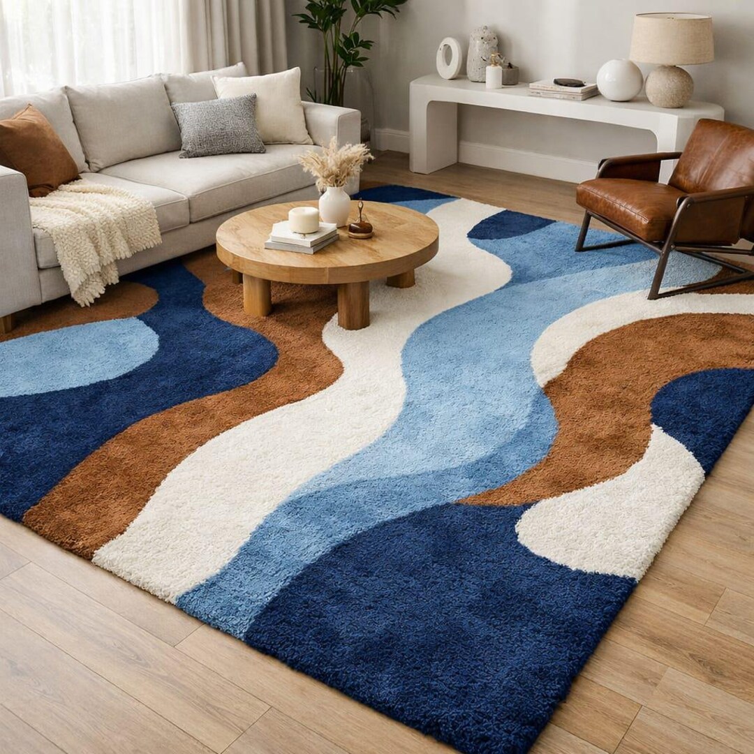 Hand Tufted Modern Abstract Wavy Area Rug Blue Brown Cream Carpet ...