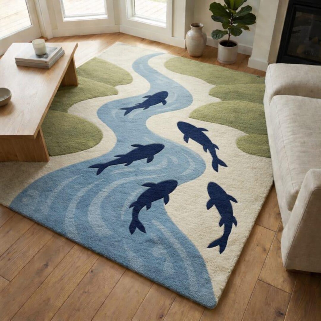 Off White Beige Moss Fish Wool Rug, Abstract Hand Tufted Nature Area ...