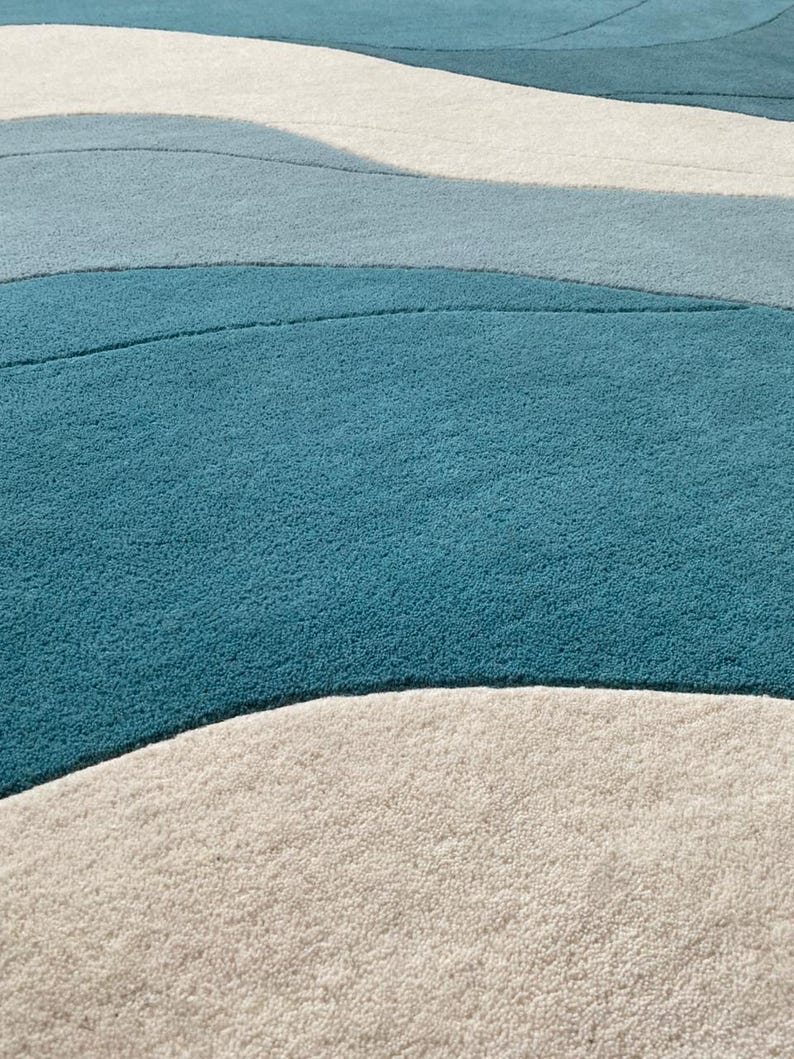 Hand Tufted Modern Coastal Wave Rug, Abstract Ocean Area Rug, Blue Aqua ...