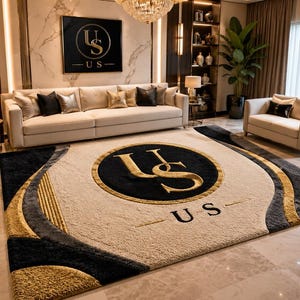 May include: A rectangular area rug featuring a cream-colored center with a large black circular emblem containing the gold letters US. The rug includes black and gold curved geometric patterns along the edges and the text US centered below the circle.