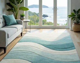 Hand Tufted Modern Coastal Wave Rug, Abstract Ocean Area Rug, Blue Aqua Living Room ,Contemporary Minimalist Floor , Beach House Home Style