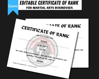Editable Martial Arts Certificate of Rank | Karate & Taekwondo Canva Template | Printable Belt Promotion Award