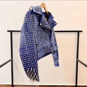 Handmade Blue Leather Studded Biker Jacket: Punk Rock Moto Coat
