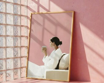 Vintage aesthetic wall art, cozy pink coffee girl print, boho decor for coffee lovers, minimalist bedroom or living room wall decor