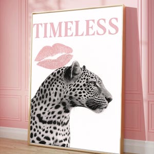 Black and white, pink leopard Aesthetic Girly Apartment Poster Cheetah Trendy wall art Fashion Poster, Pink lip kiss Wall decor