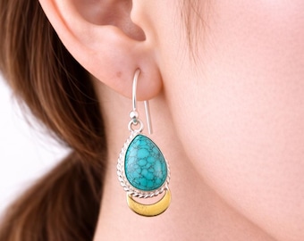 Boucles d'oreilles pendantes bleu turquoise, bijoux faits main en argent sterling 925 plaqué or avec pierre de naissance de décembre, boucles d'oreilles en pierres précieuses naturelles, cadeau pour elle