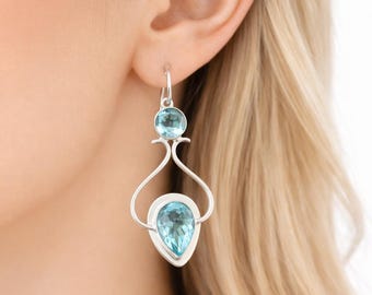 Orecchini A Perno Donna Con Topazio Azzurro – A Forma Di Fiore, Placcati Platino, Nuovi