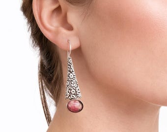 Black Rhodonite Gemstone Dangle Earrings, 925 Sterling Silver Handmade Everyday Jewelry, Gift For Mom
