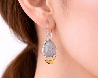 Natural Black Rutile Gemstone Drop Earrings, Handmade 925 Sterling Silver Earring, Gold Plated Statement Jewelry, Anniversary Gift For Wife