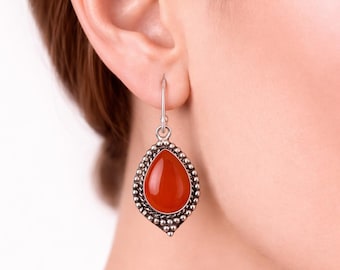 Pendientes colgantes de cornalina natural, joyería única hecha a mano en plata de ley 925 para esposa.