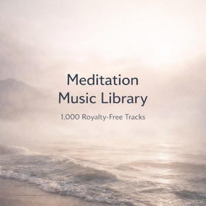 May include: Image features the text "Meditation Music Library" above "1,000 Royalty-Free Tracks." The background shows a serene ocean scene with soft, muted colors, evoking a sense of calm and tranquility. The overall theme is relaxation.