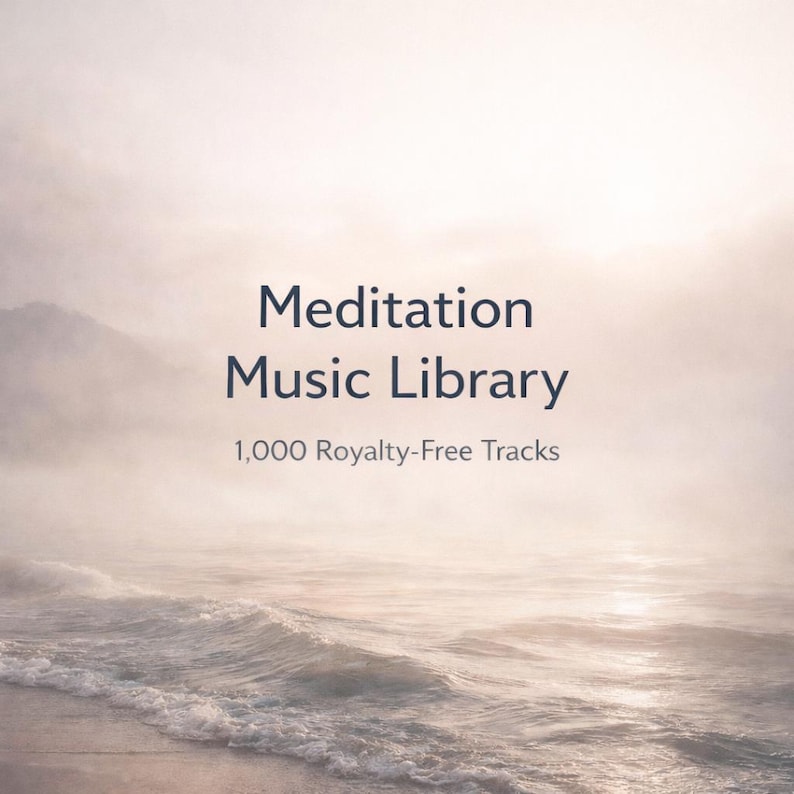 May include: Image features the text "Meditation Music Library" above "1,000 Royalty-Free Tracks." The background shows a serene ocean scene with soft, muted colors, evoking a sense of calm and tranquility. The overall theme is relaxation.