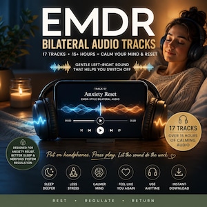 Könnte beinhalten: Ein digitales Display mit EMDR Bilateral Audio Tracks, dem Text Anxiety Reset, Track 07 und EMDR-Style Bilateral Audio. Der Bildschirm zeigt eine blaue und orangefarbene Schallwellengrafik, umgeben von schwarzen Kopfhörern und Texten.
