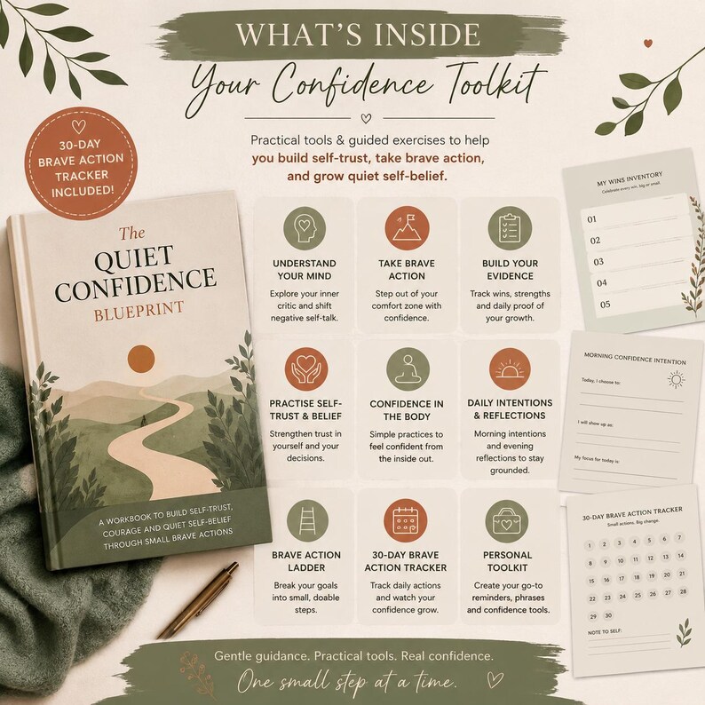 May include: The Quiet Confidence Blueprint workbook features a cover with a winding path illustration. It includes a 30-day brave action tracker, My Wins Inventory, and Morning Confidence Intention sheets. The text outlines practical tools and guided exercises for self-trust, brave action, and self-belief, presented in a neutral colour palette of sage green, terracotta, and cream.