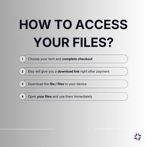 May include: A graphic with the text "HOW TO ACCESS YOUR FILES?" and numbered steps. The steps include choosing an item, downloading a file, and opening the files. The background is a gradient of gray and white.