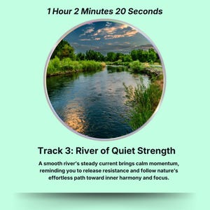 May include: A circular image with a serene river scene, surrounded by green foliage and a blue sky. Text at the top reads "1 Hour 2 Minutes 20 Seconds." Below, it says "Track 3: River of Quiet Strength."