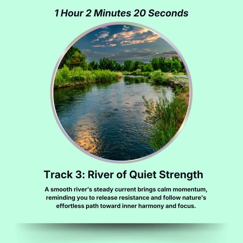 May include: A circular image with a serene river scene, surrounded by green foliage and a blue sky. Text at the top reads "1 Hour 2 Minutes 20 Seconds." Below, it says "Track 3: River of Quiet Strength."
