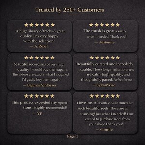 May include: Image of a dark background with customer testimonials. Each testimonial is in a dark rectangle with gold stars and text. The text includes positive feedback about the product and the shop.