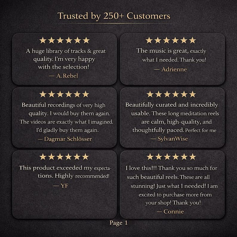 May include: Image of a dark background with customer testimonials. Each testimonial is in a dark rectangle with gold stars and text. The text includes positive feedback about the product and the shop.